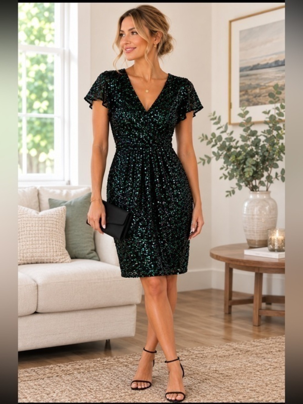 SLNY Black Emerald Green Sequin V-Neck Midi Dress Size 6